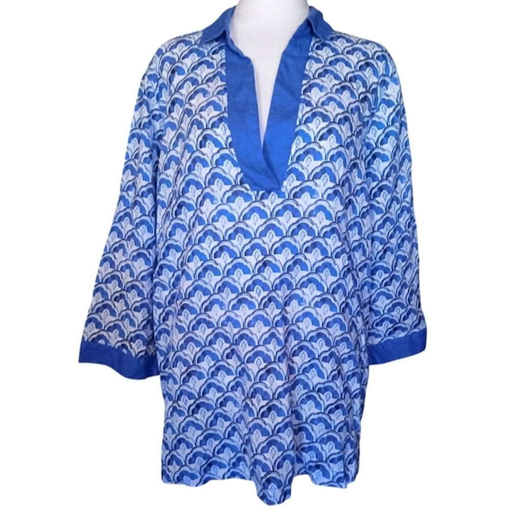Sigrid Olsen Blue White Artsy Print Split V Neck 100% Linen Tunic Blouse Size XL